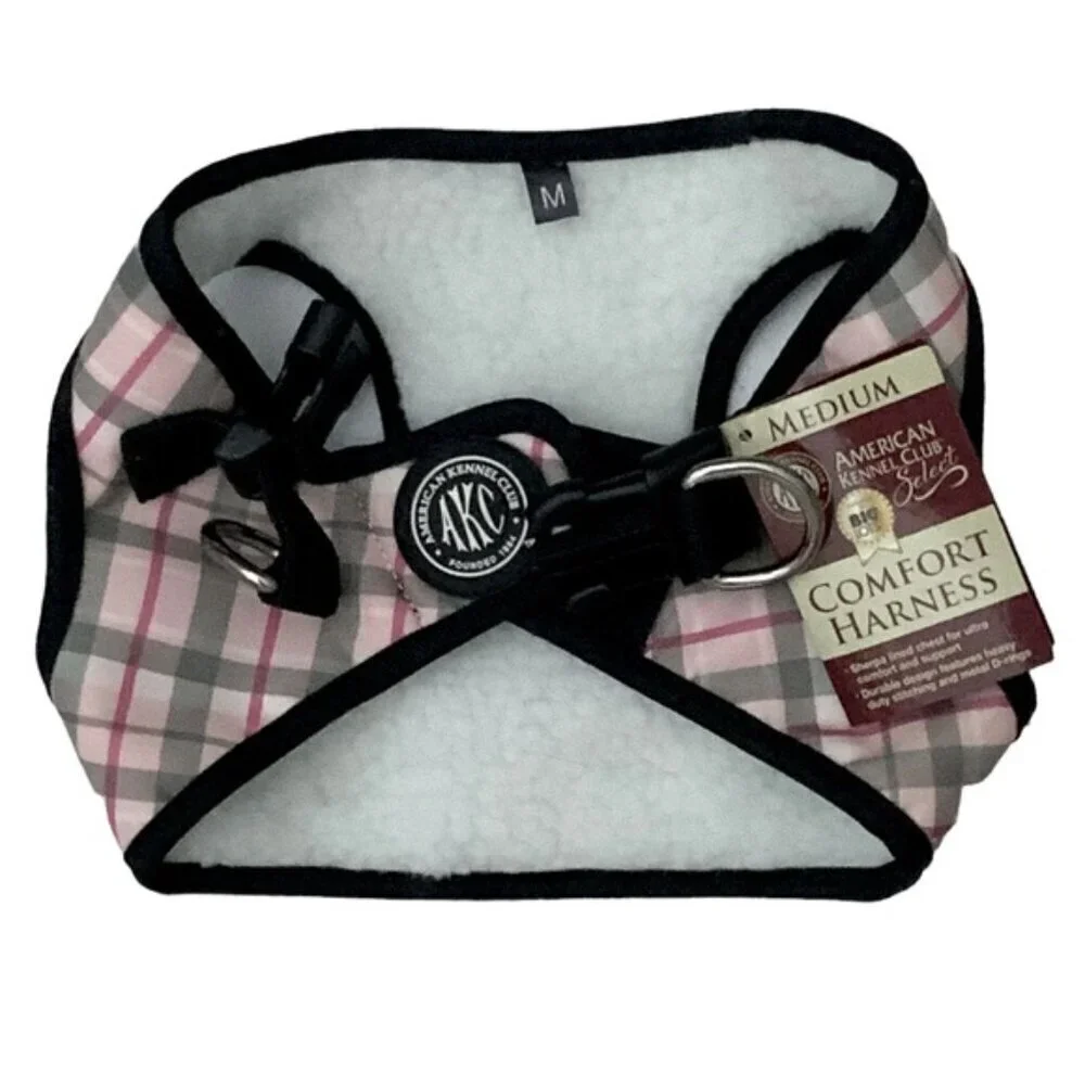 American Kennel Club Dog Harness Vest  Designer Tartan Plaid Sherpa Lined Pink M